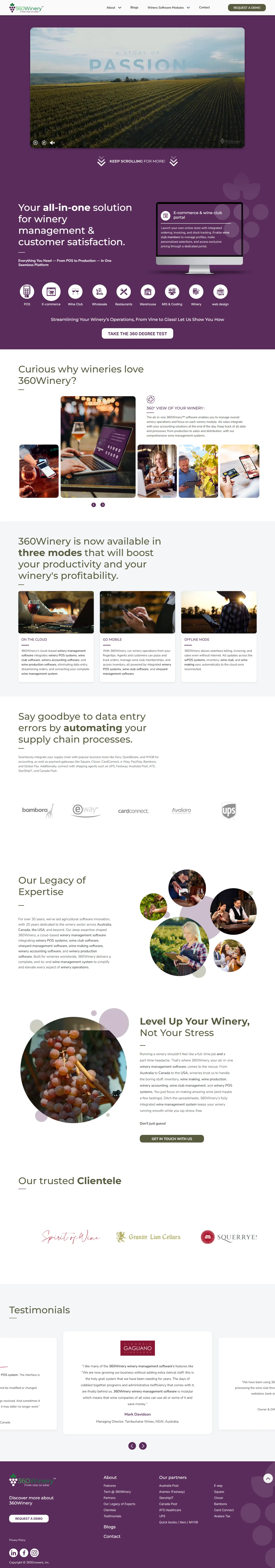 360Winery homepage: intro film, the modules, why wineries use it, three modes, integrations, legacy, clients and testimonials