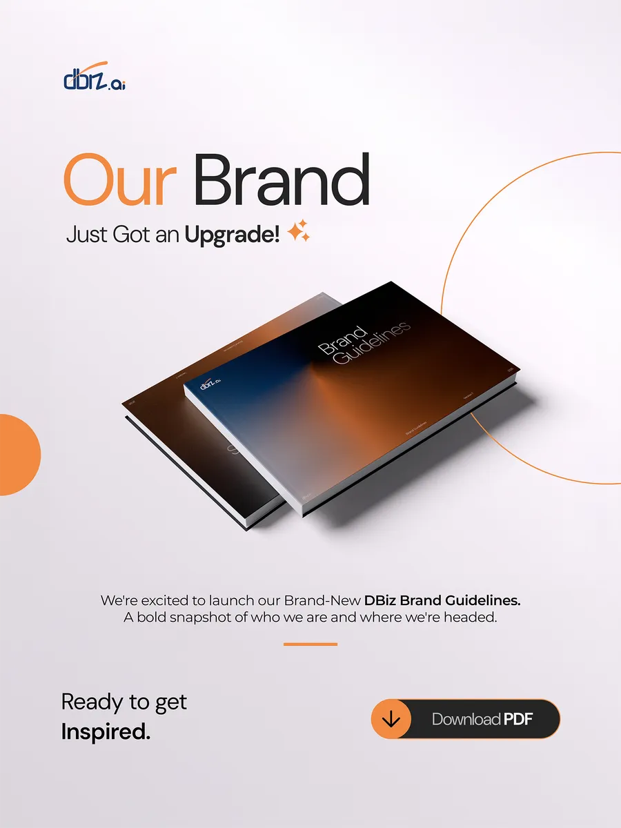 Internal launch emailer: Our Brand Just Got an Upgrade, with the guidelines shown as a book and a Download PDF button