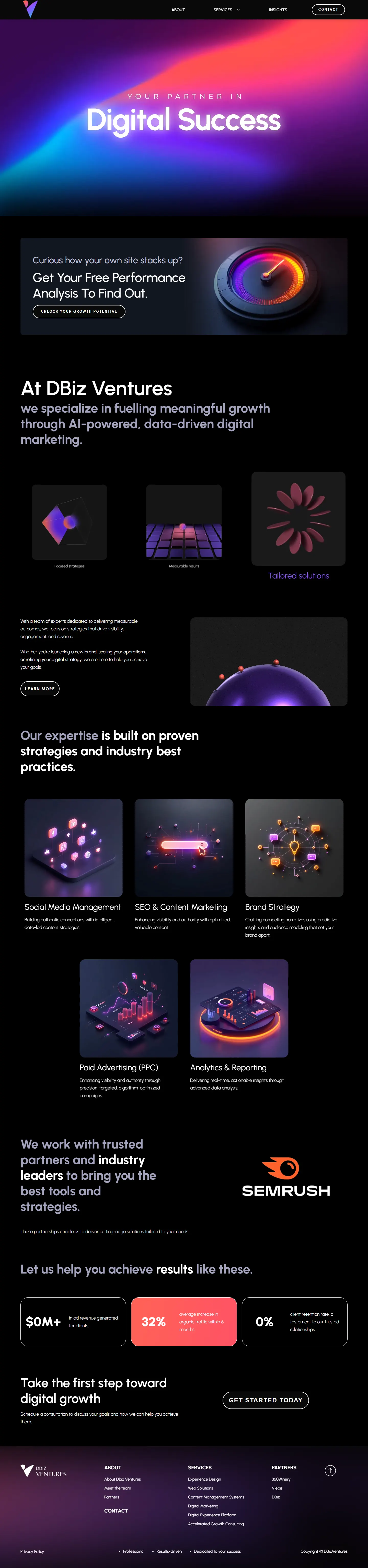 DBiz Ventures homepage: a vivid gradient hero on black, services, partners and results