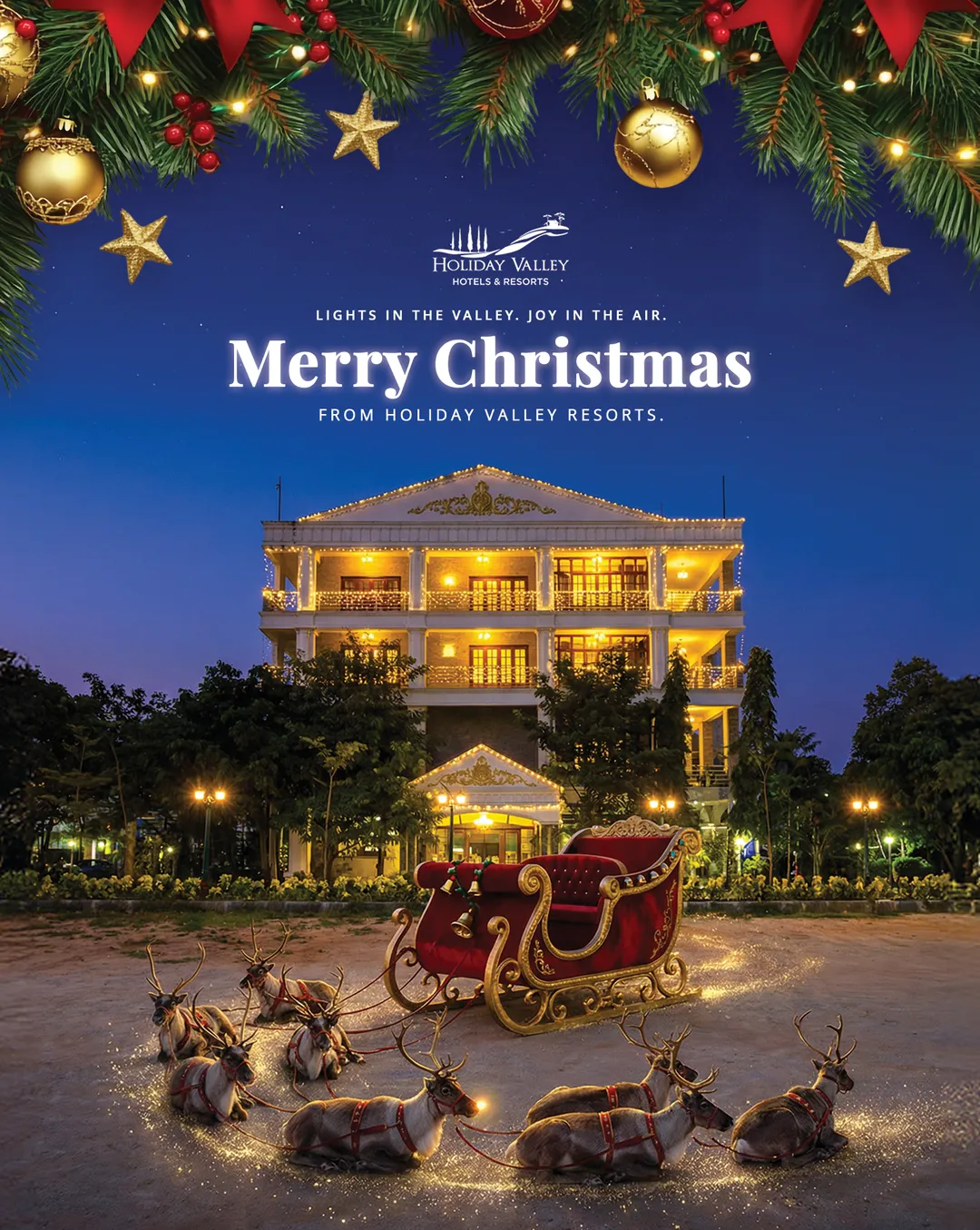 Christmas poster: a sleigh in front of the resort at dusk