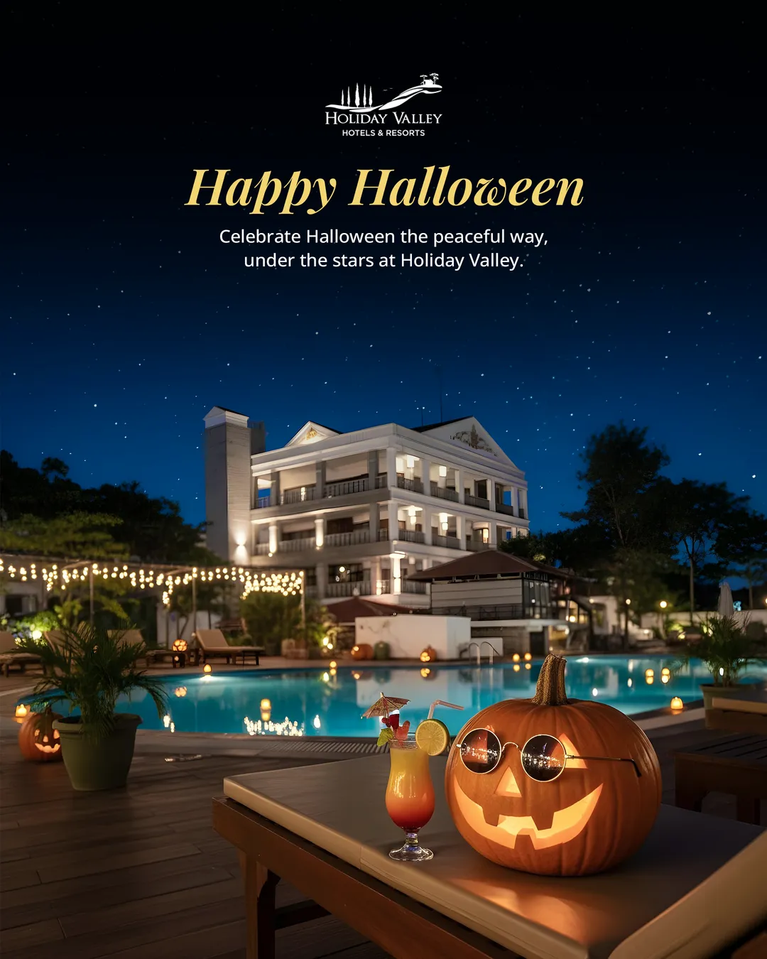 Halloween poster: a carved pumpkin by the pool at night
