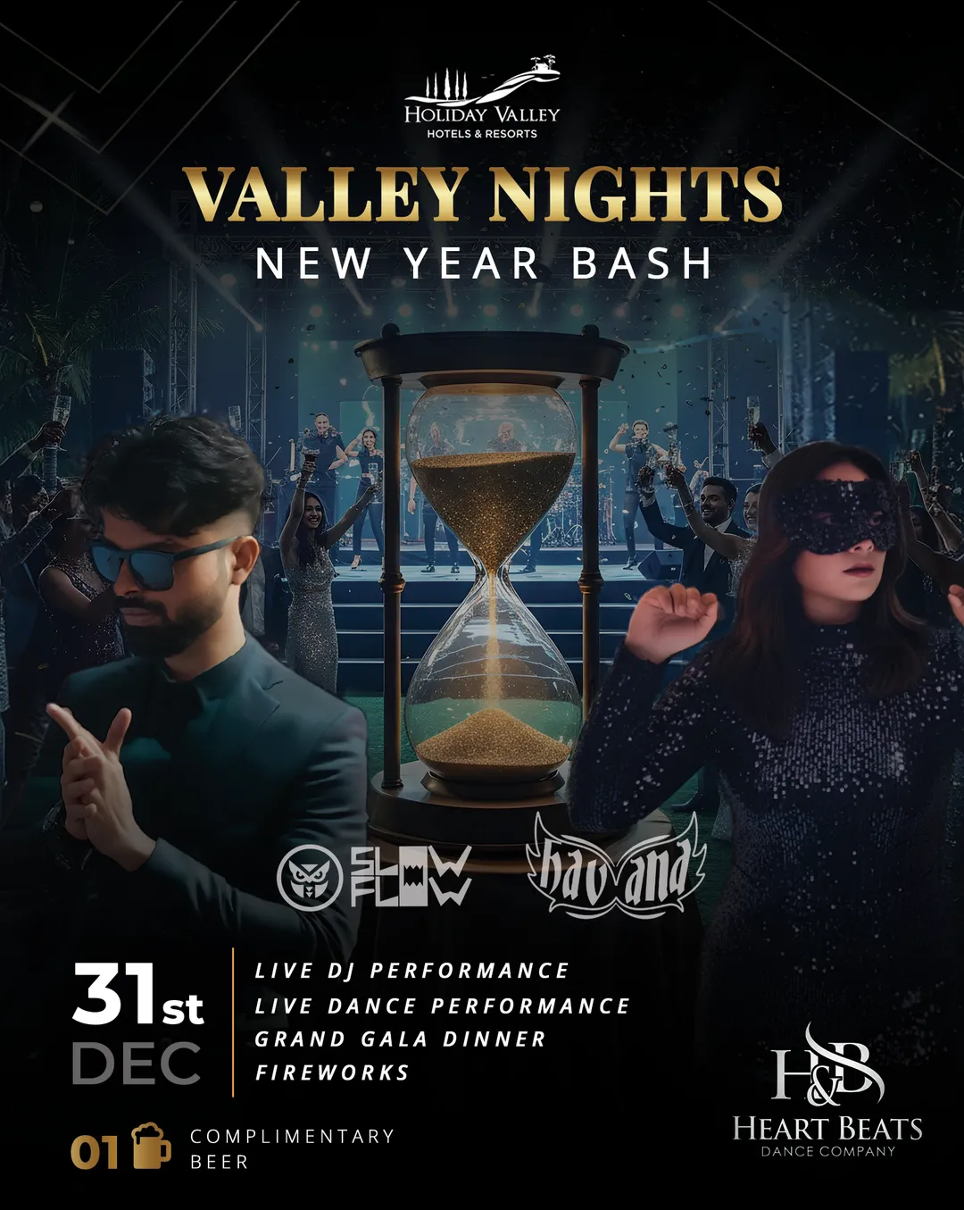 Valley Nights New Year Bash flyer with the evening's line-up