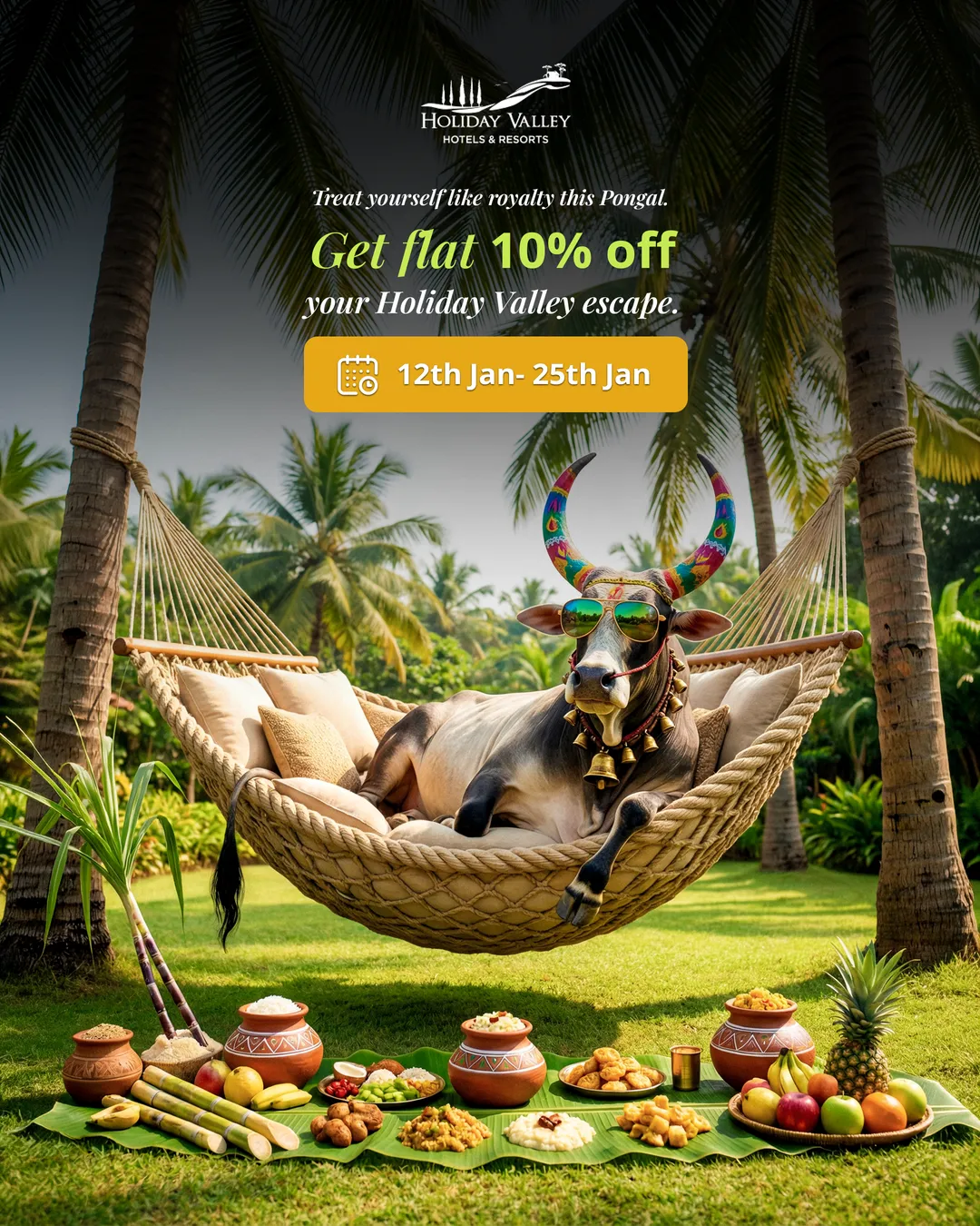 Pongal offer poster: a bull in sunglasses resting in a hammock, with a ten per cent offer