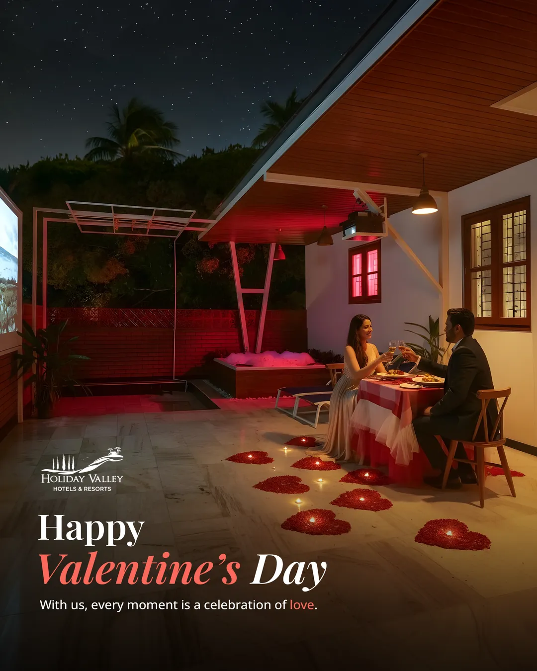 Valentine's Day poster: a couple at dinner on a red-lit verandah