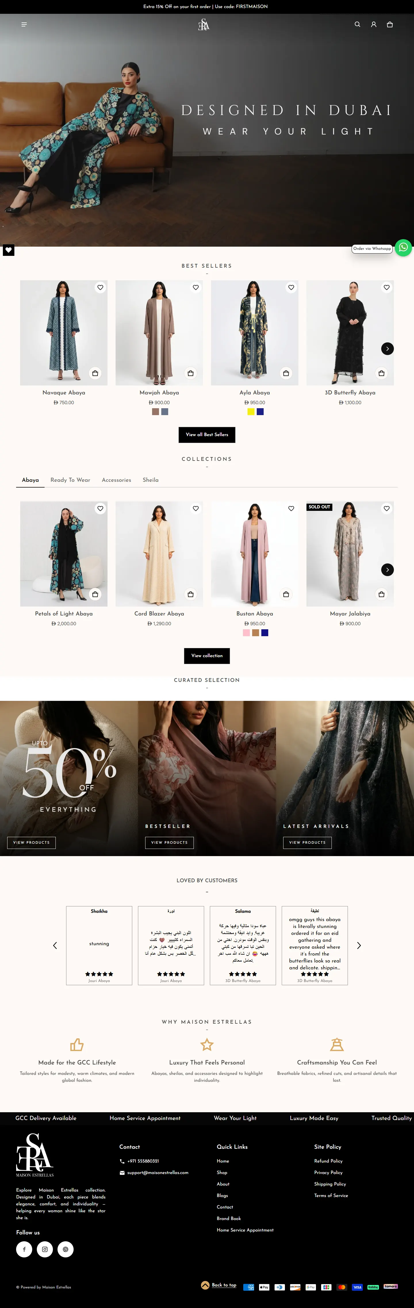 Maison Estrellas homepage: hero, best sellers, collections, curated selection, reviews and footer