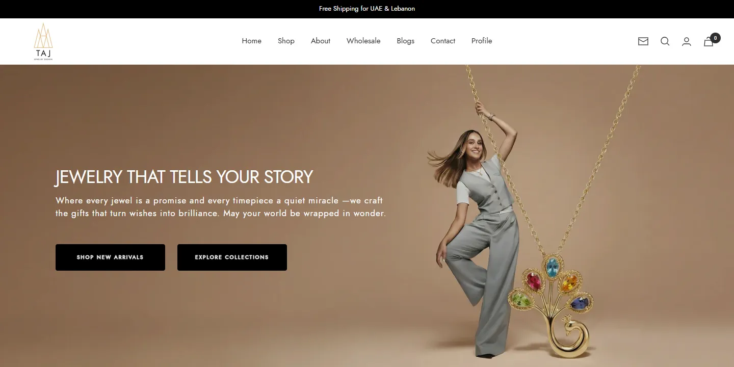 Taj Jewelry Design homepage: a model swinging from an oversized necklace on a warm sand backdrop