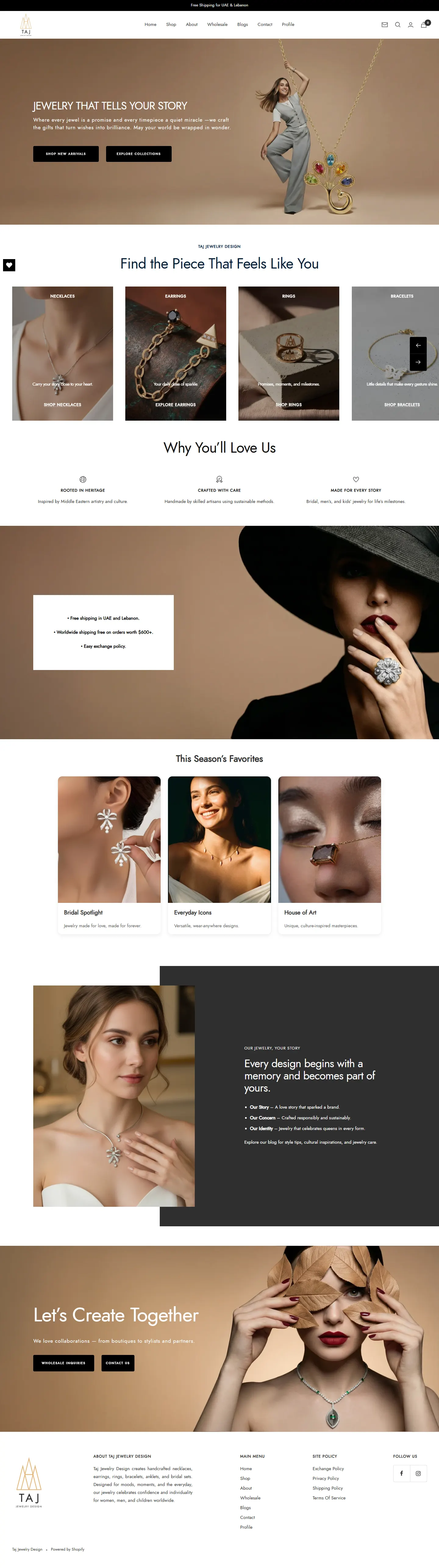 Taj Jewelry Design homepage: hero, category tiles, reasons to buy, season's favourites, brand story and wholesale
