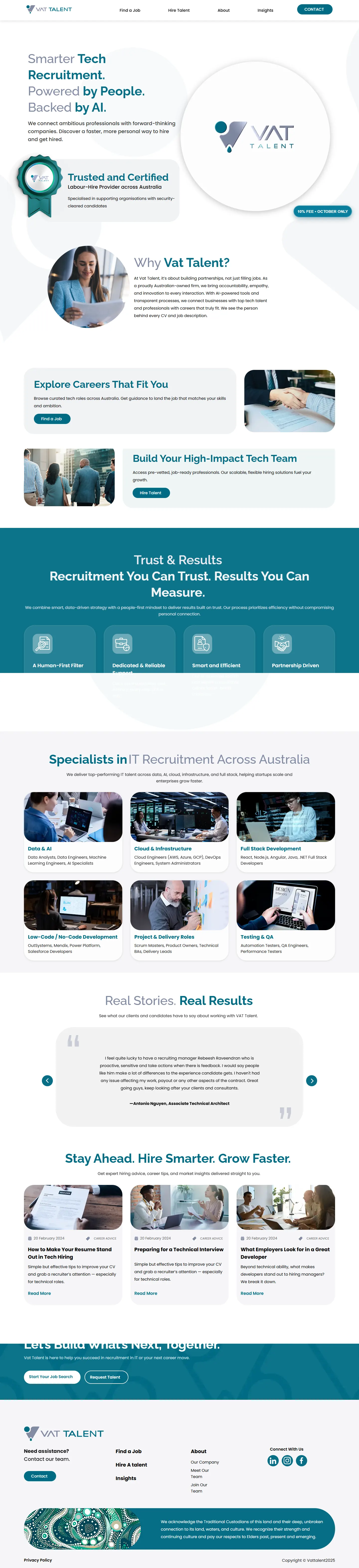 VAT Talent homepage: hero, why VAT Talent, two audience paths, trust and results, specialisms, testimonials and insights